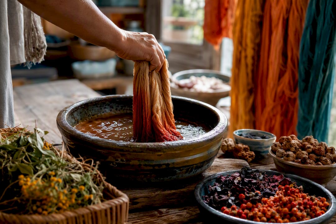 Hand dyeing natural fibers in workshop