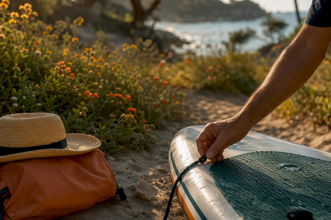 Hand adjusting paddleboard leash at dawn