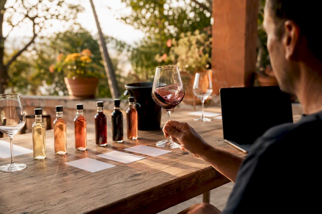 Hands swirling wine glass with tasting samples on table