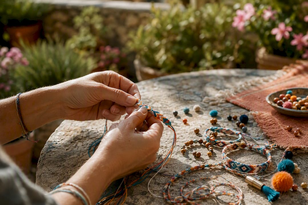 Hands crafting colorful friendship bracelets