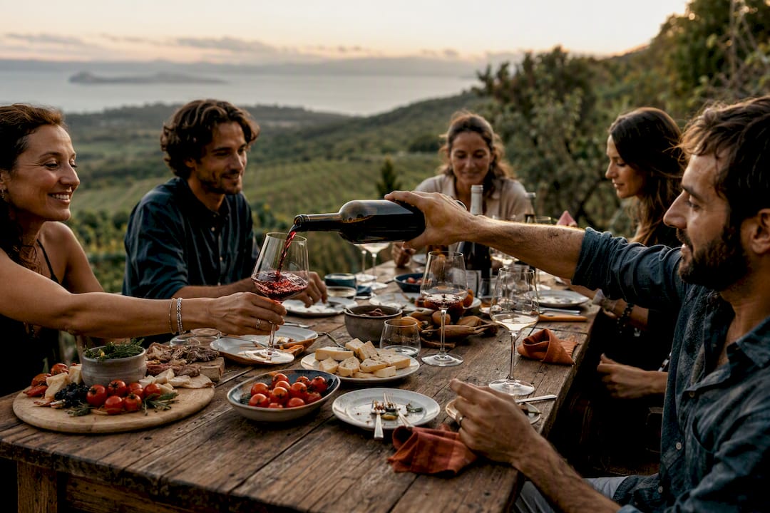 Hands pouring wine and sharing food outdoors