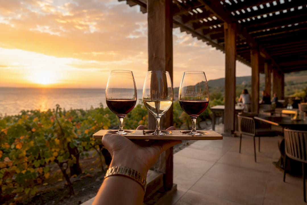 Wine tasting flight with sunset ocean view at vineyard terrace