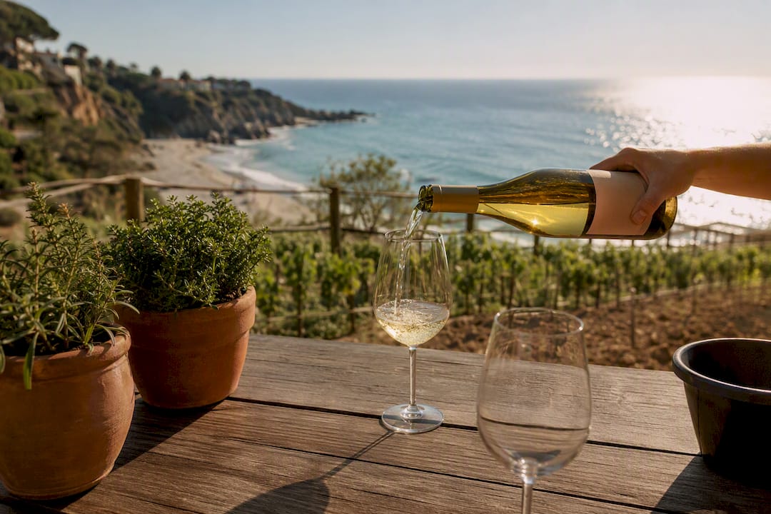 Hand pouring wine with beach in background