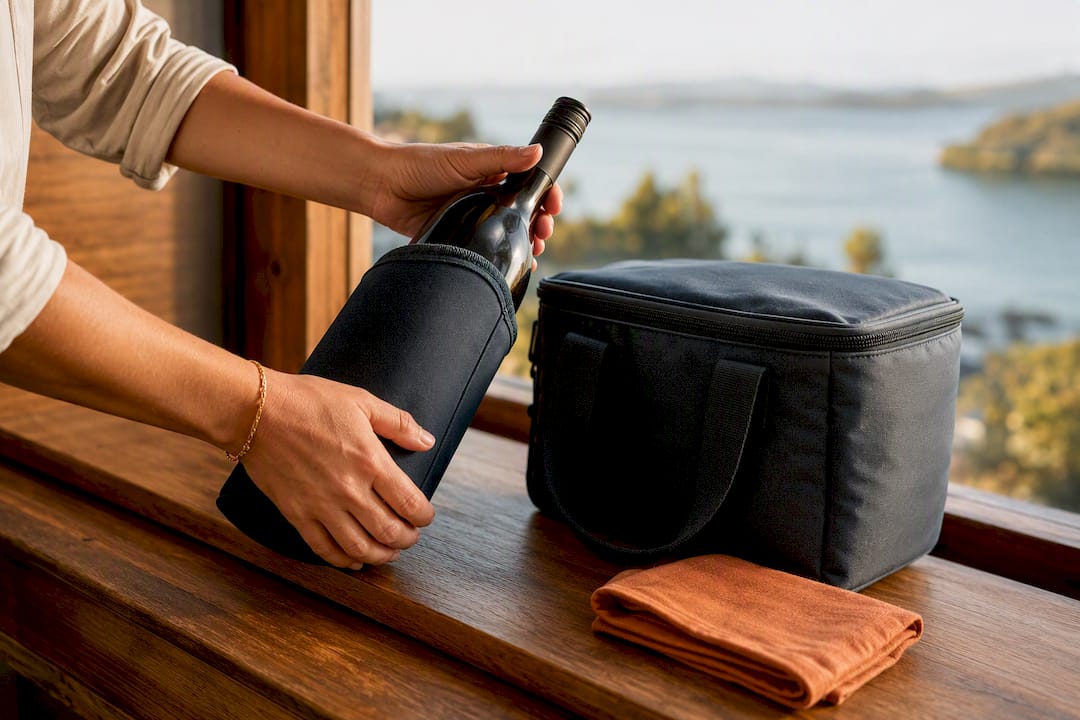Wine bottle entering protective sleeve