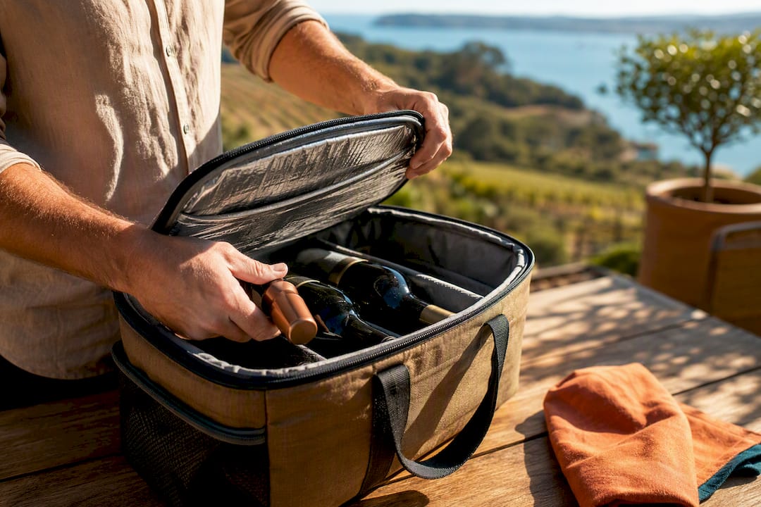 Wine bottles secured in insulated bag