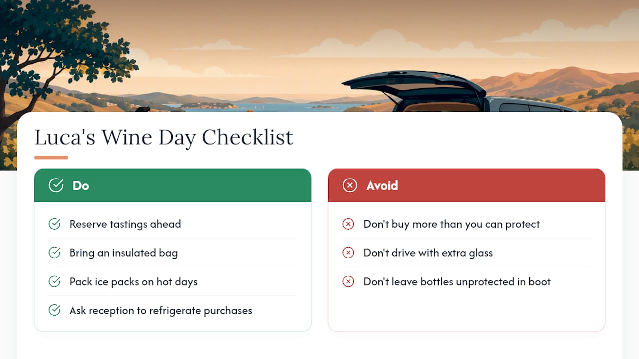Luca's quick checklist for a smooth wine day on Waiheke — overview diagram