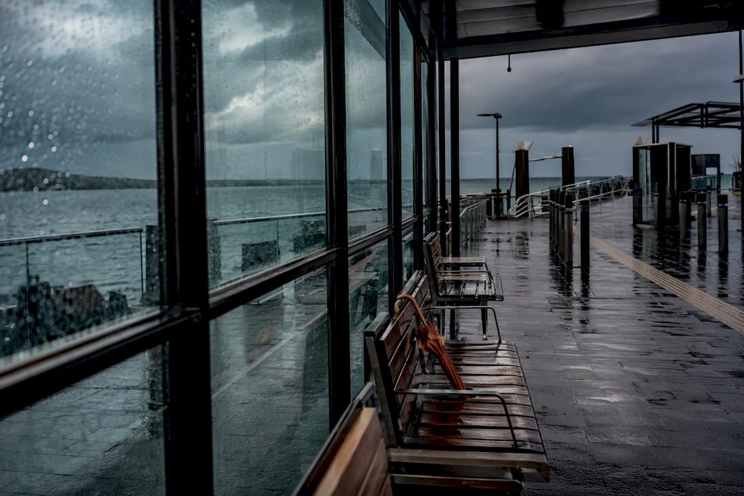 Rainy ferry terminal awaiting island travellers