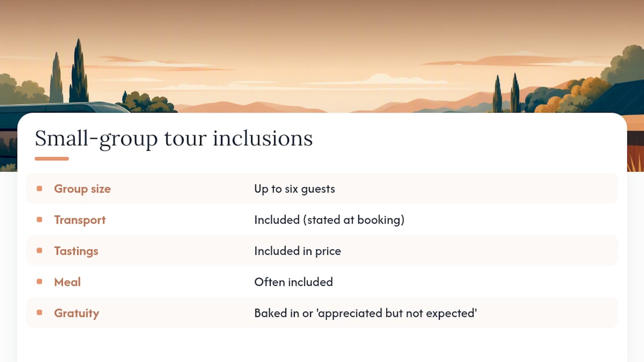 Waiheke tour inclusions and gratuity status