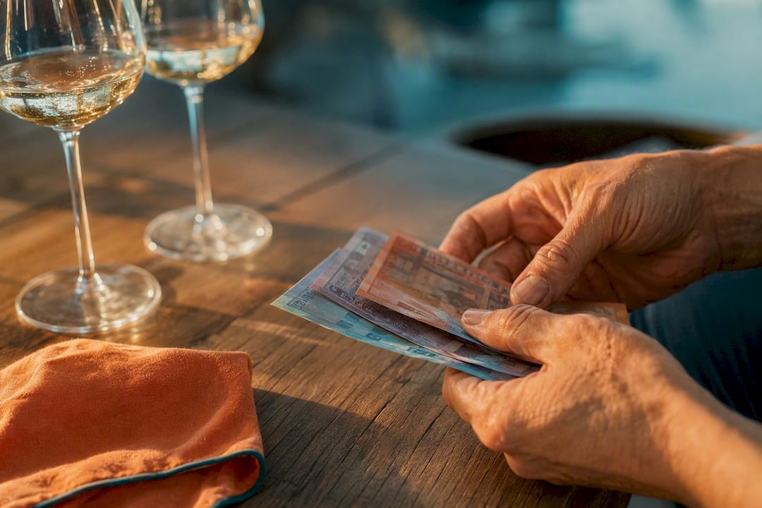 Cash notes beside wine glasses