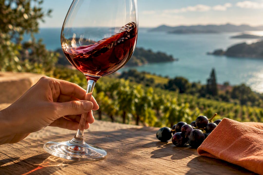 Sangiovese tasting glass on Waiheke terrace