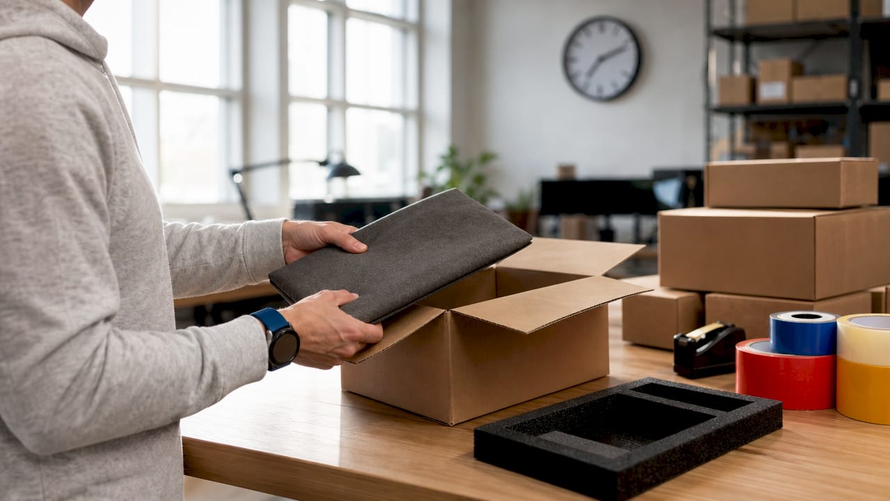 Hands packing laptop for courier shipment at warehouse desk