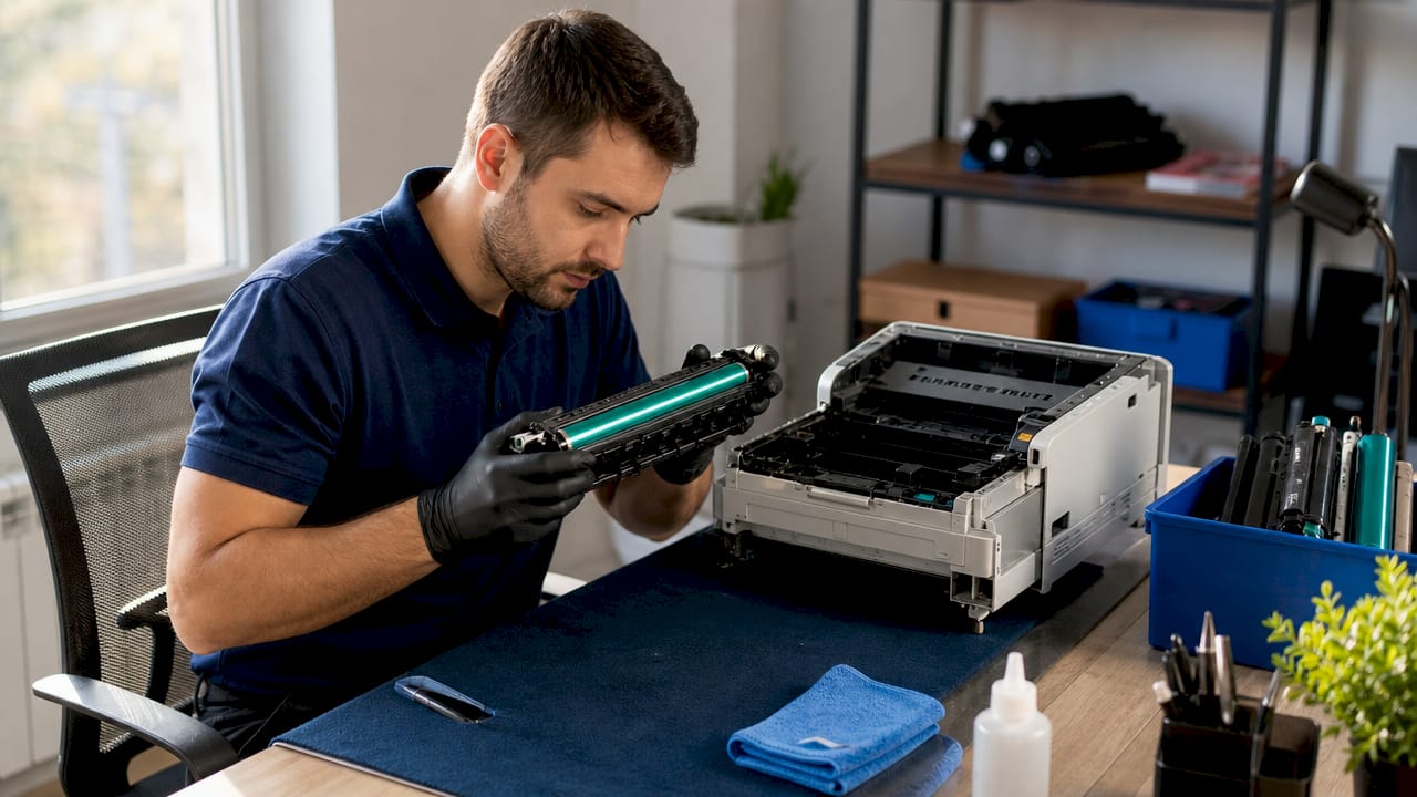 Close-up of hands cleaning laser printer drum unit