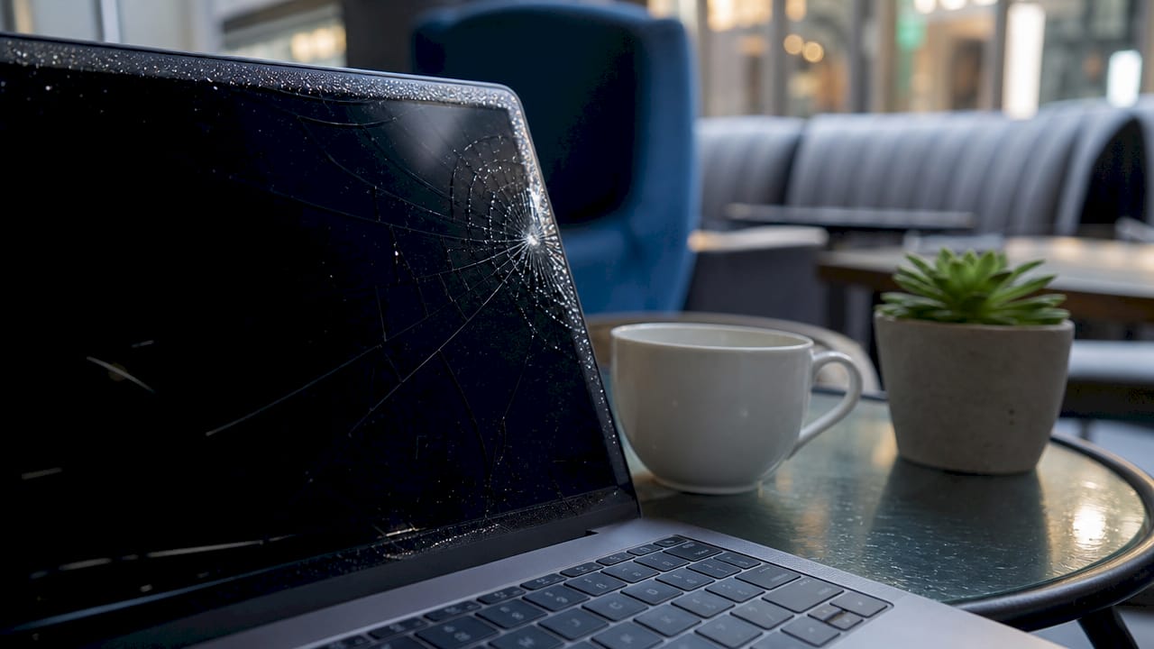 Close-up cracked laptop screen with moisture