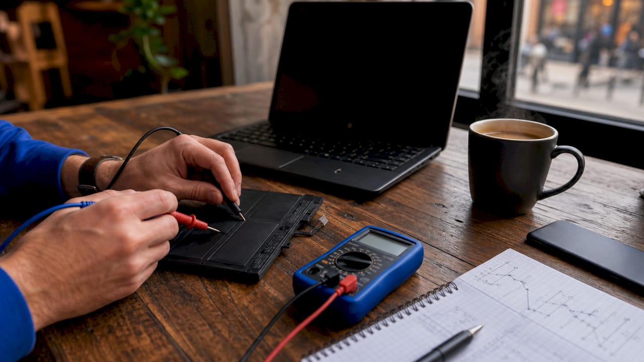 Hands testing laptop battery terminals up close