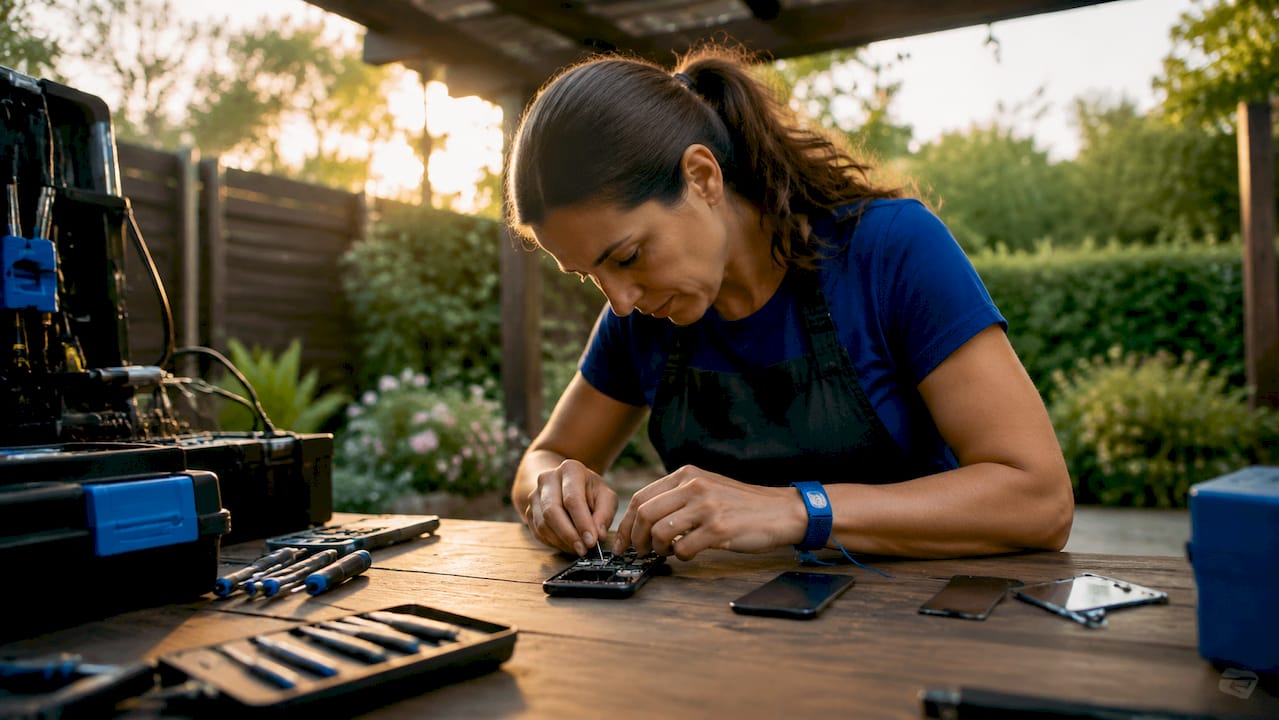 Female technician replacing phone battery in shop