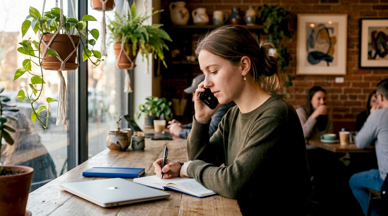 Woman calling laptop repair shop from home office