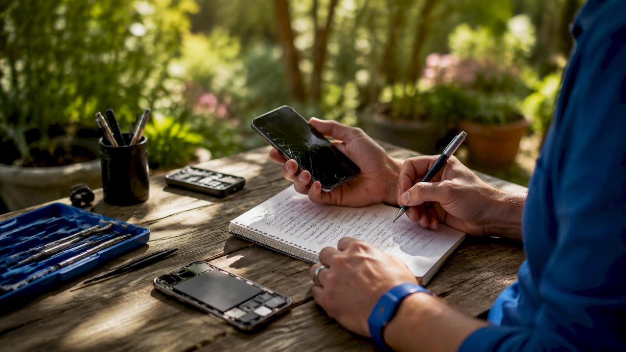 Hands managing repair checklist and smartphone