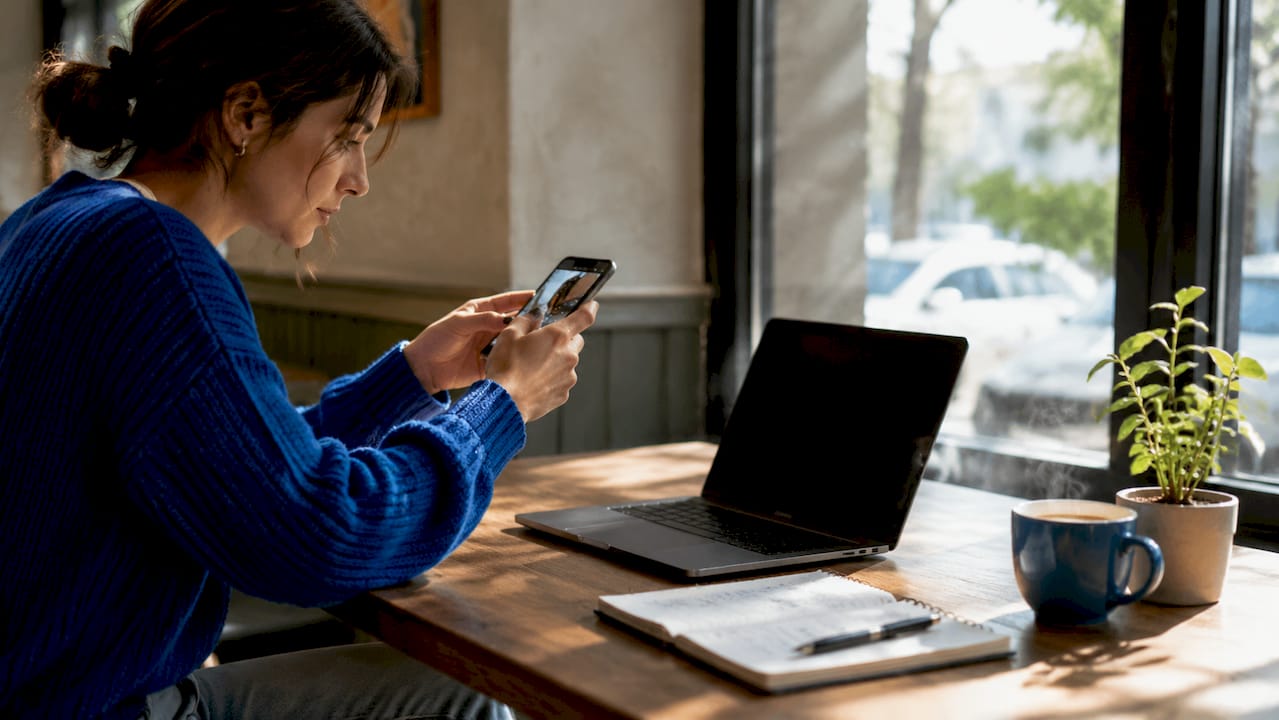 Woman photographing and documenting laptop details at home