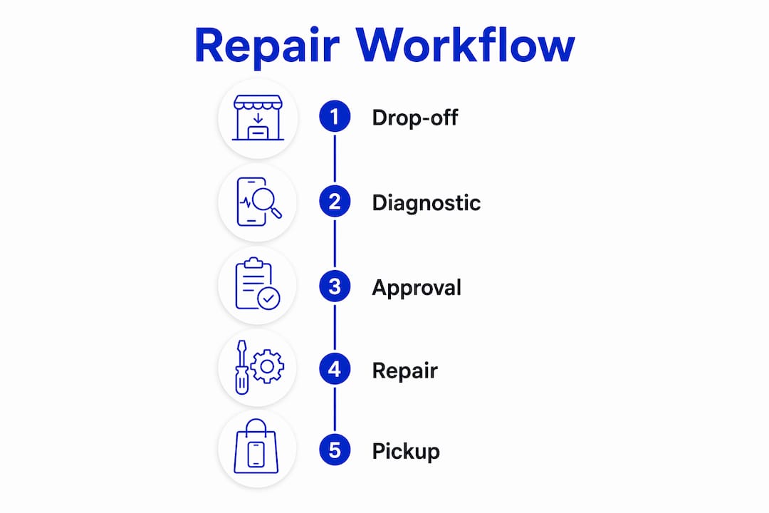 Infographic illustrating stages in expedited laptop repair workflow