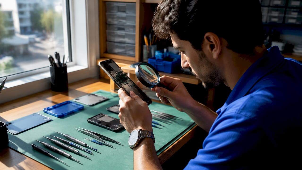 Hands inspecting phone circuit with magnifier on repair bench