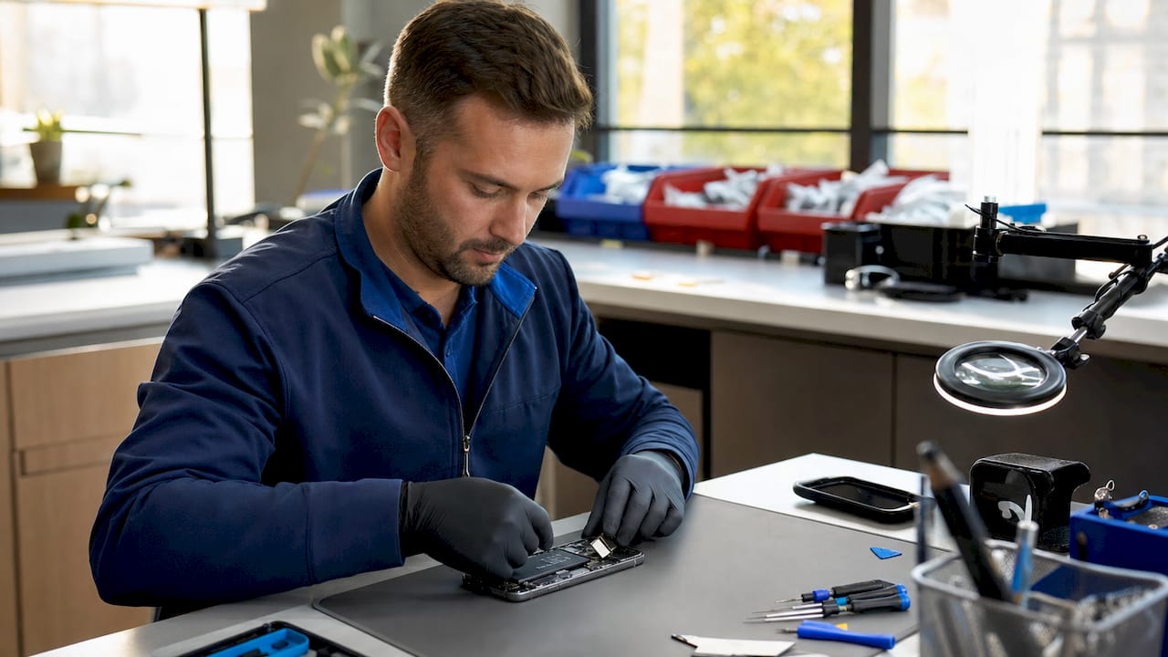 Hands replacing smartphone battery professionally