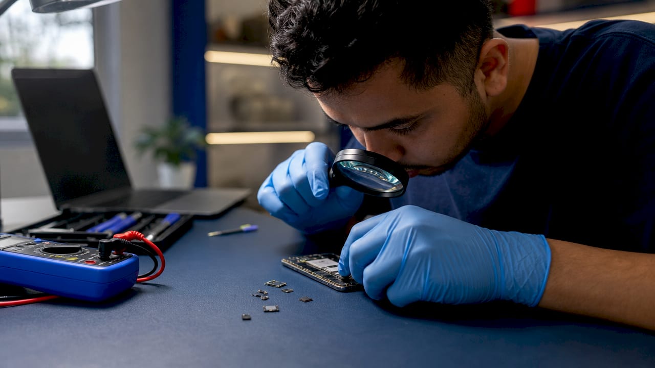 Technician’s hands examining smartphone motherboard