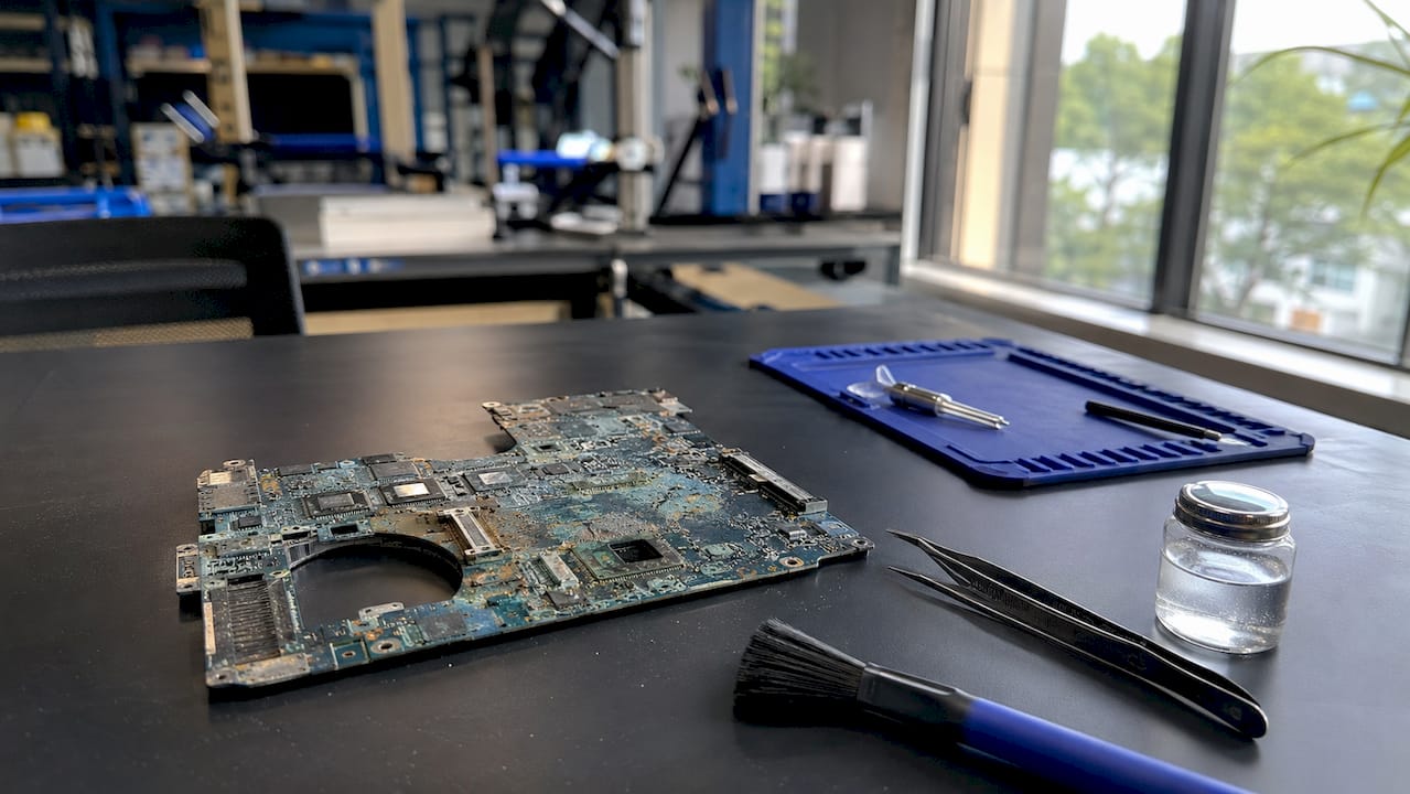 Close-up of water-damaged laptop motherboard with repair tools