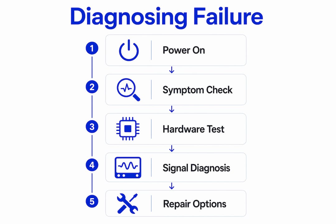 Infographic showing laptop motherboard failure diagnosis steps