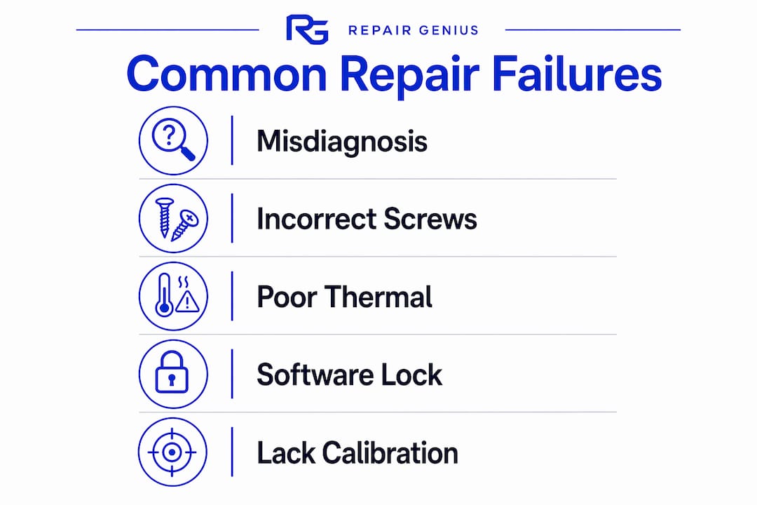 Infographic showing common device repair failures in a vertical flow chart
