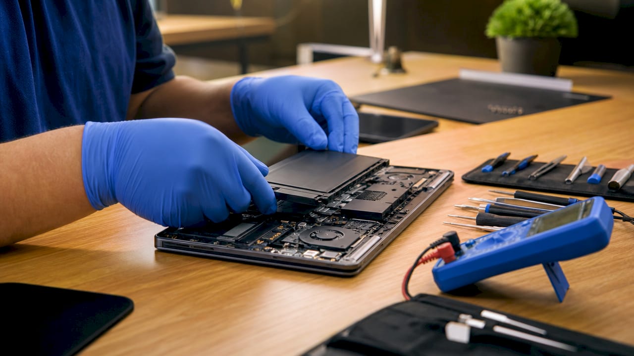 Hands replacing battery in business laptop