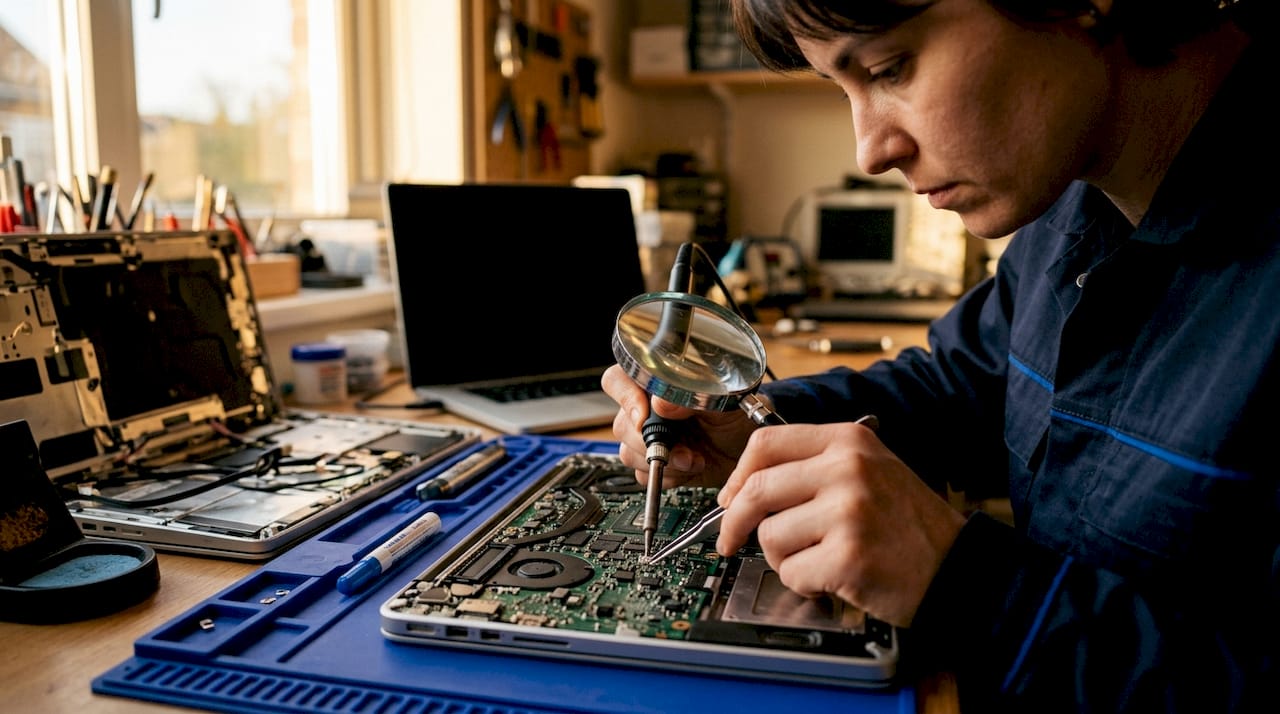 Hands performing micro-soldering on laptop motherboard
