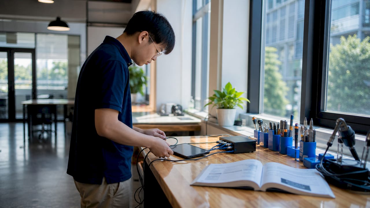Male technician performing laptop diagnostic