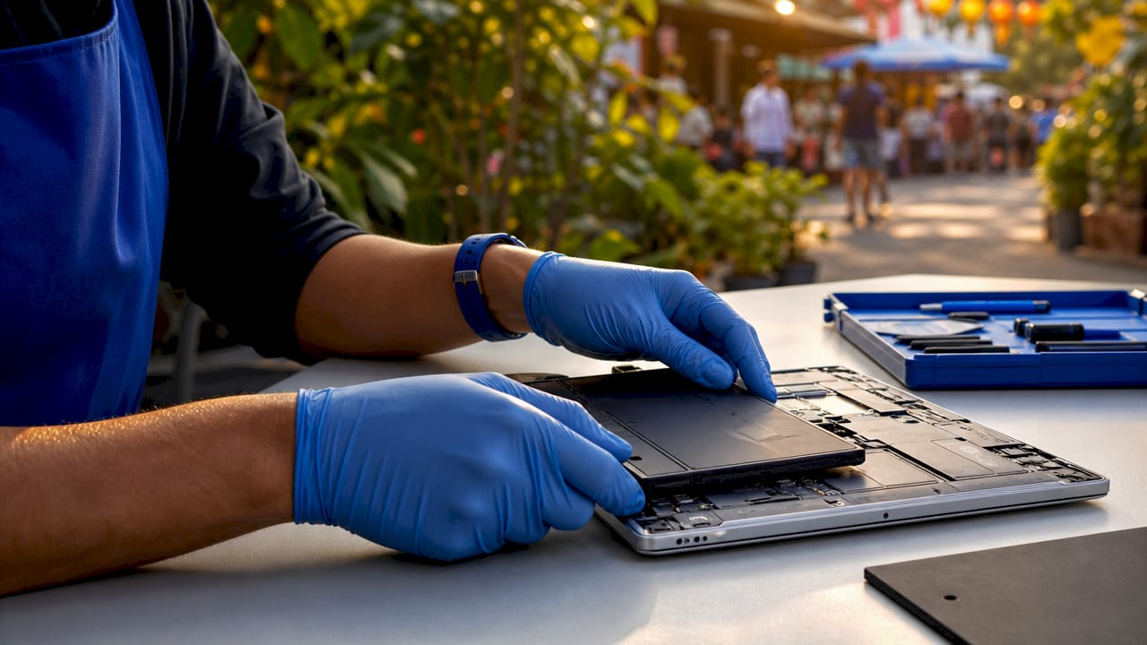 Hands installing new laptop battery in repair shop