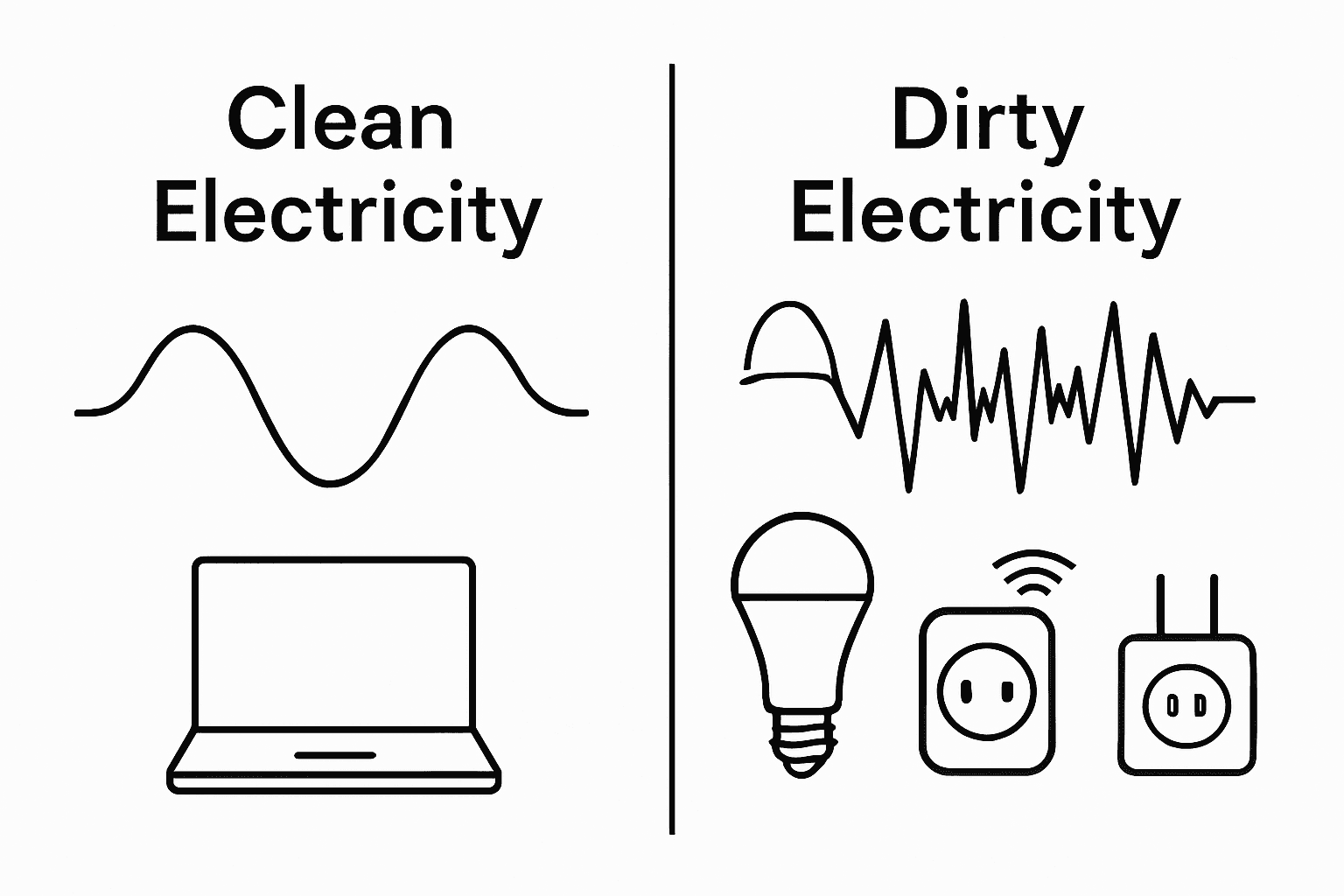 Clean vs dirty electricity waveform infographic with common device icons