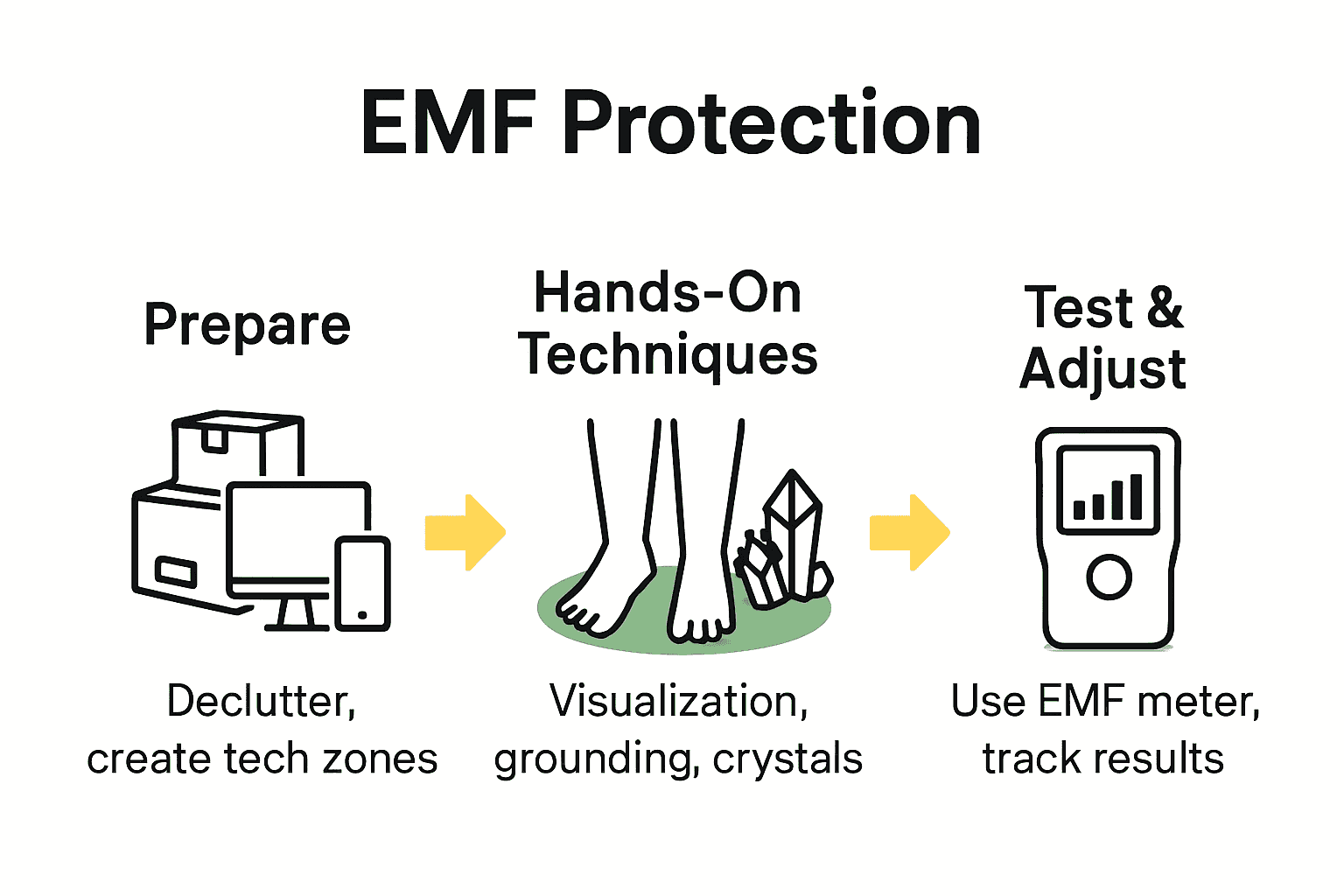 Infographic showing three steps: prepare space, hands-on energy techniques, and test protection methods.
