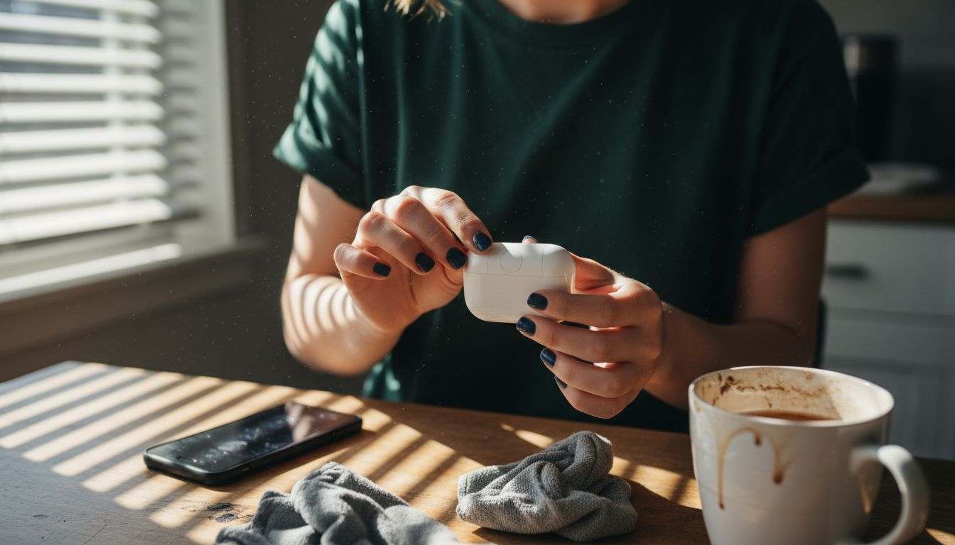 Woman applying EMF shield to AirPods case