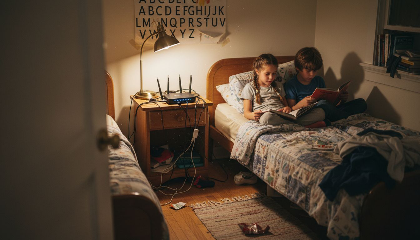 Children reading in bedroom near wireless router