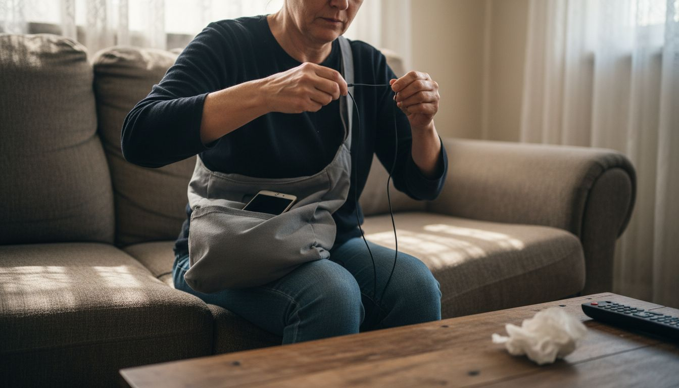 Woman positioning earbud cables for safety