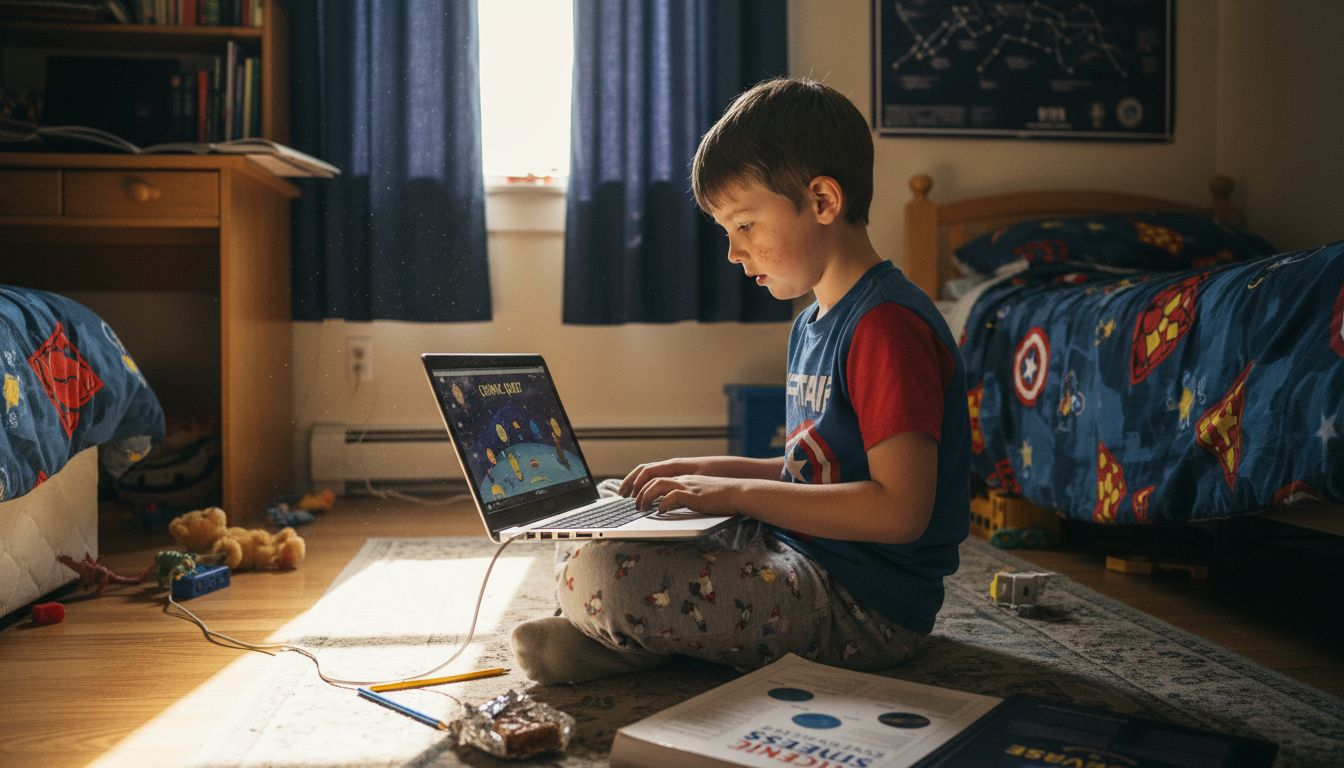 Boy on bedroom floor using laptop