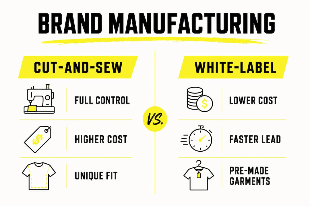 Comparison infographic of cut-and-sew versus white-label apparel