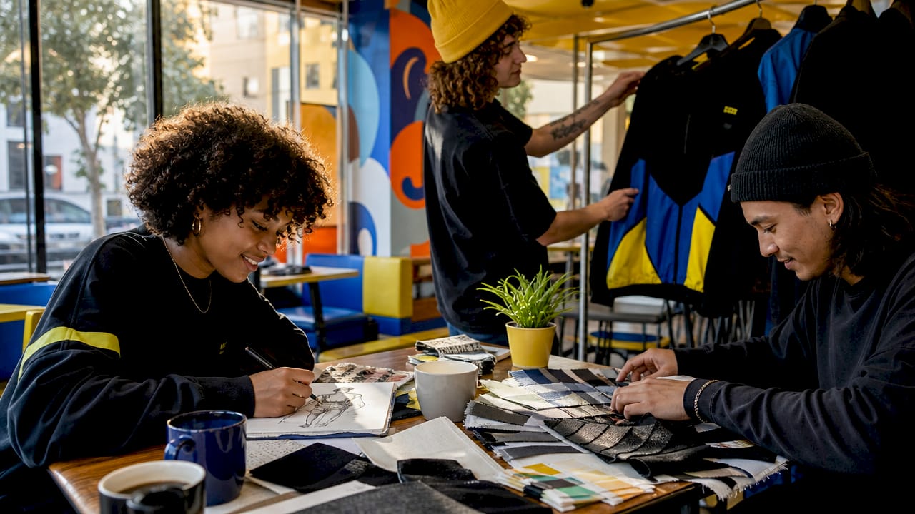 Team designing custom branded apparel in studio