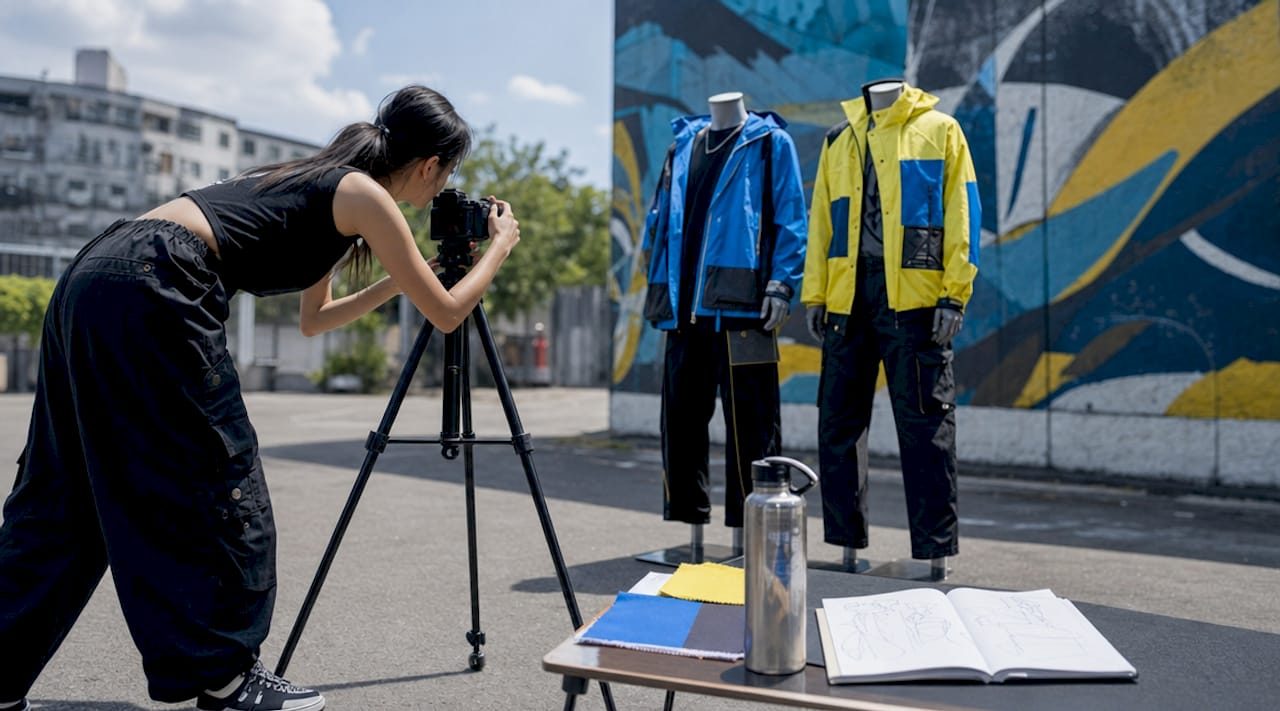 Photographer setting apparel shoot in NYC studio
