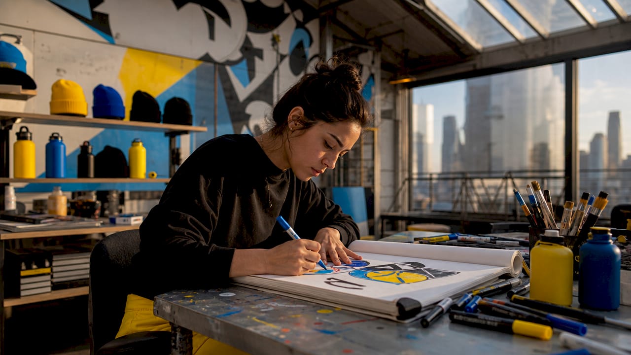 Designer sketching graphic design merchandise in studio