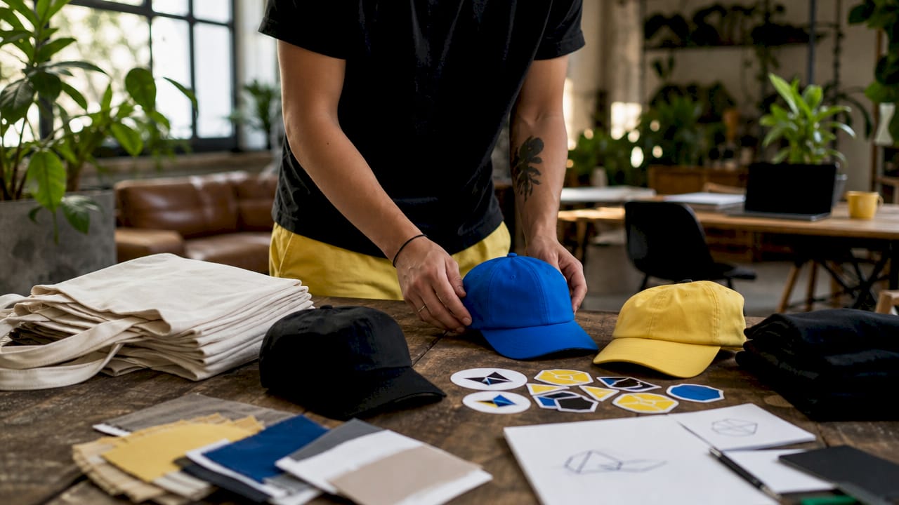 Marketer arranging graphic design merchandise on table