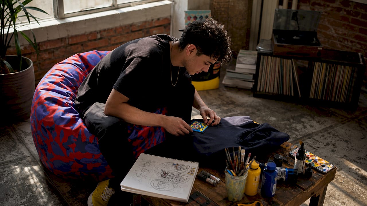 Artist hands sewing custom patch onto hoodie