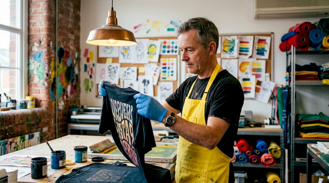 Print technician inspecting typography print on t-shirt