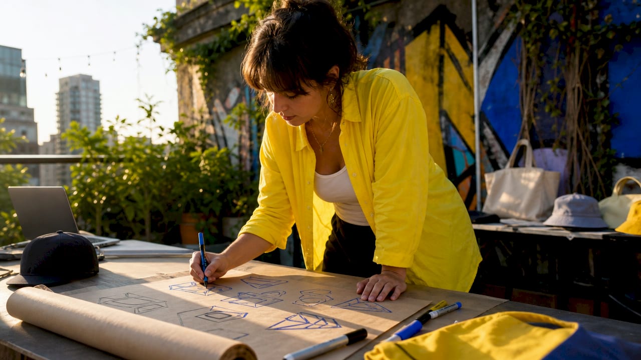 Designer sketching creative merchandise concepts in studio