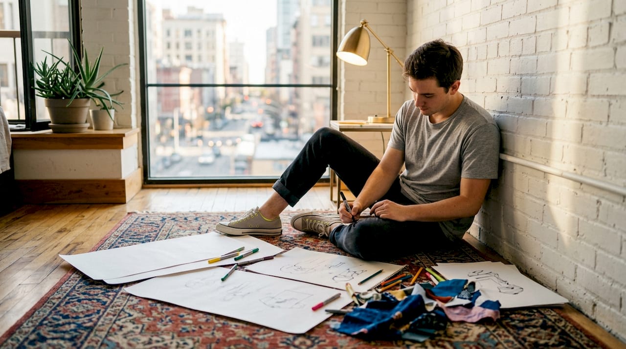 Creative professional designing merch in studio