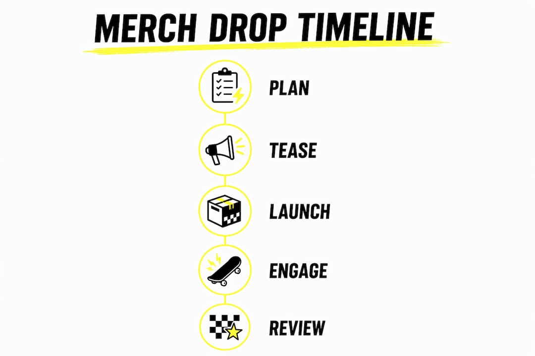 Infographic showing merch drop timeline steps