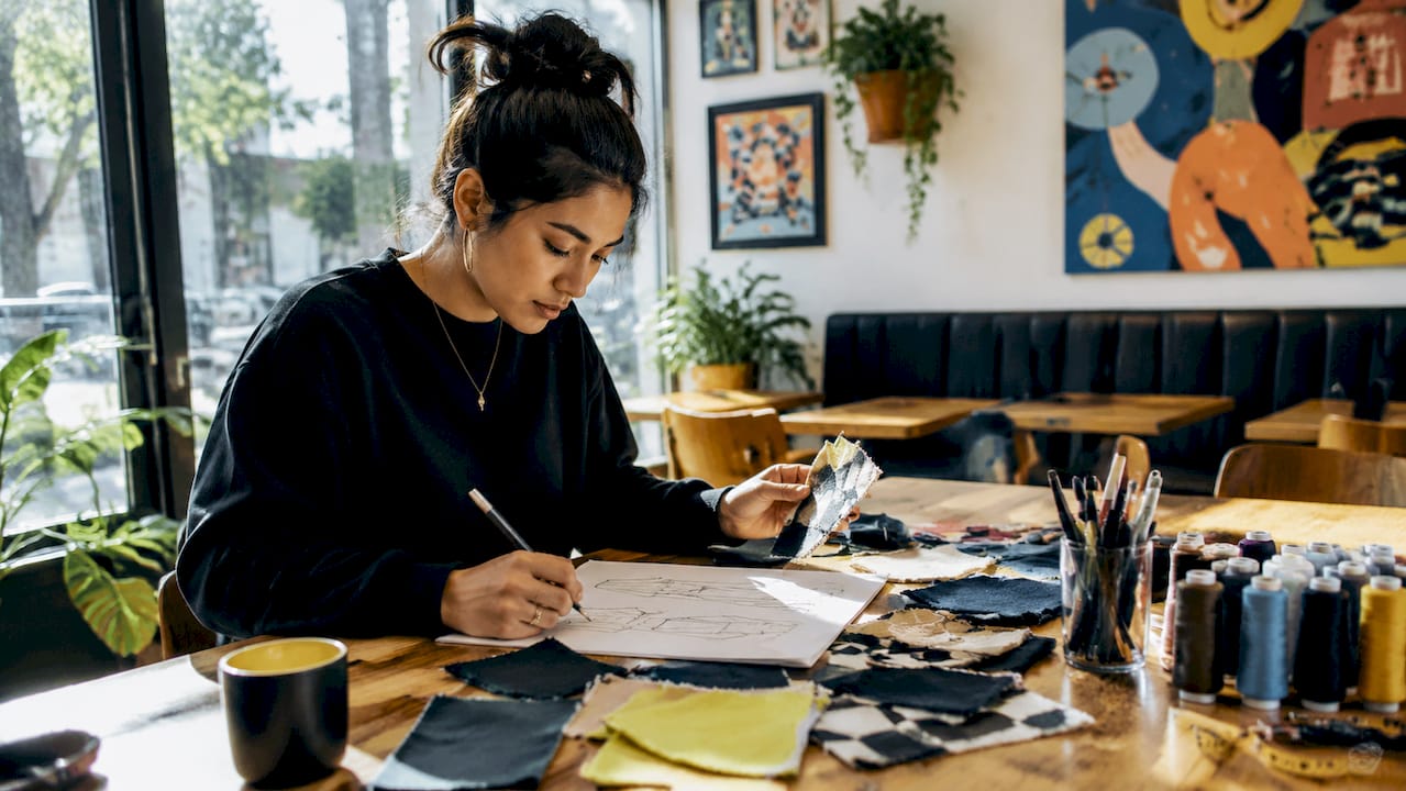 Fashion designer reviewing NYC apparel production materials